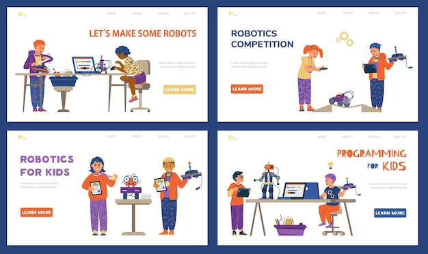 Robotica voor kinderen vector bestemmingspagina sjabloon set Jongens en meisjes programmeren en engineering robots