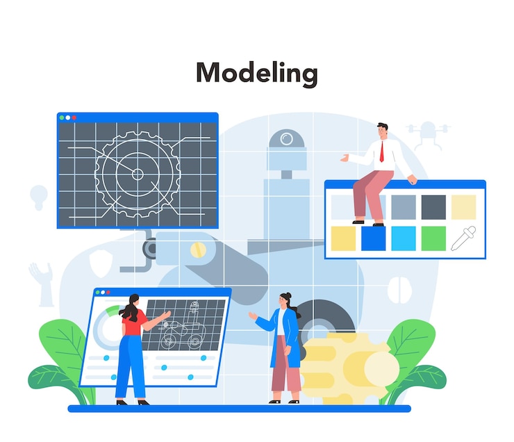 Vector roboticist concept robotic engineering and constructing idea of artificial intelligence in modeling industry automation system production flate vector illustration