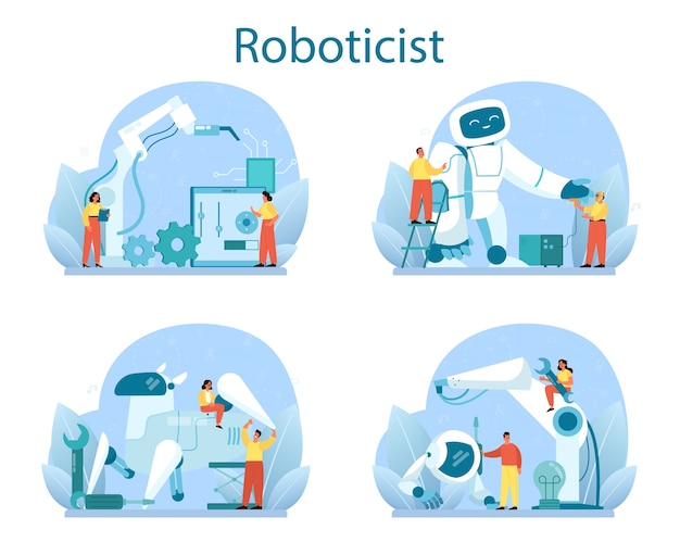 Roboticist concept set. Robotic engineering and constructing.