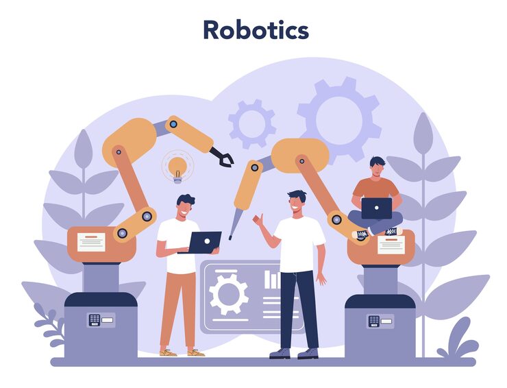 Vector robotics concept. robot engineering and programming. idea of artificial intelligence and futuristic technology. machine automation. 