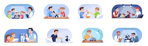 Robotics courses flat vector illustrations set