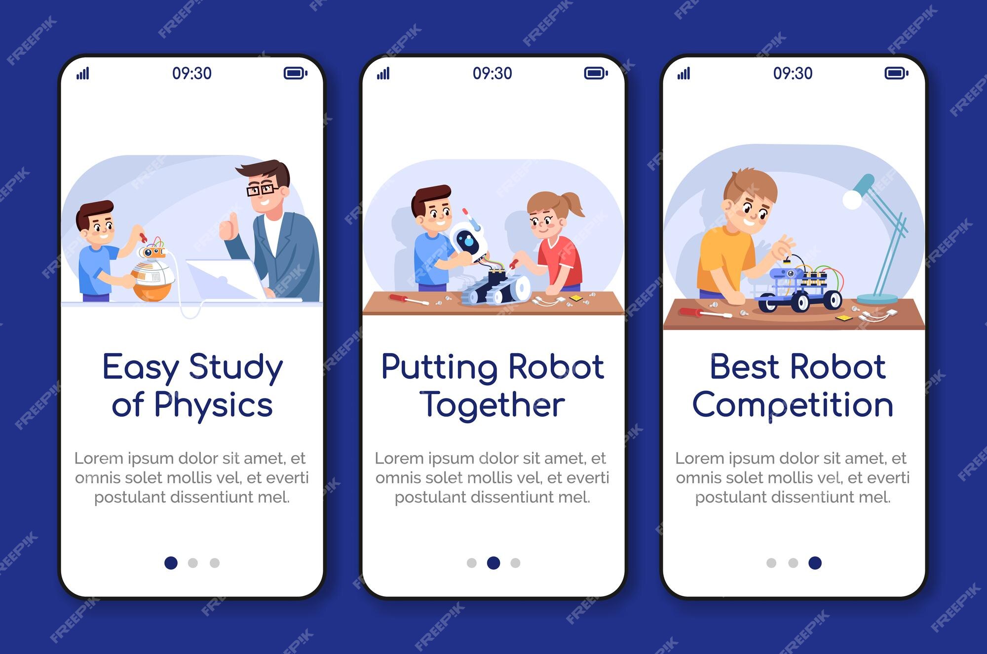 Premium Vector | Robotics courses for kids onboarding mobile app screen vector template after school club walkthrough website steps with flat characters ux ui gui smartphone cartoon interface concept Premium Vector | Robotics courses for kids onboarding mobile app screen vector template after school club walkthrough website steps with flat characters ux ui gui smartphone cartoon interface concept