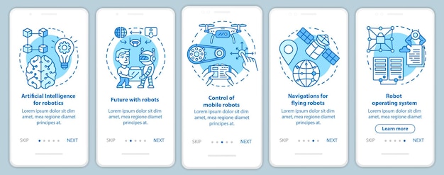 Robotics courses onboarding mobile app page screen vector template. Learning robot control. Walkthrough website steps with linear illustrations. UX, UI, GUI smartphone interface concept