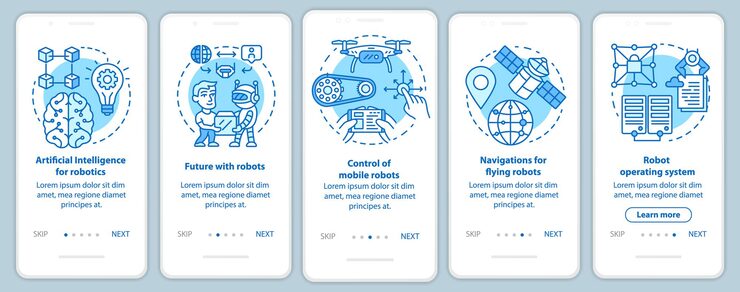 Vector 로봇 공학 과정 온보딩 모바일 앱 페이지 화면 벡터 템플릿. 로봇 제어를 학습합니다. 선형 삽화가 포함된 연습 웹 사이트 단계. ux, ui, gui 스마트폰 인터페이스 개념