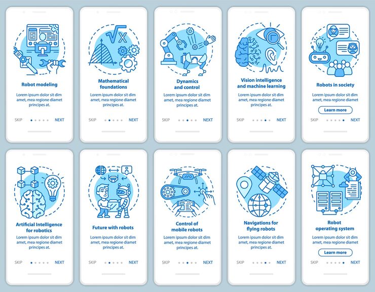 Vector robotics courses onboarding mobile app page screen vector template set. modeling, development of robots. walkthrough website steps with linear illustrations. ux, ui, gui smartphone interface concept