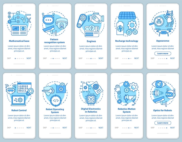 robotics courses onboarding mobile app page screen vector template set. robots engineering sections. walkthrough website steps with linear illustrations. ux, ui, gui smartphone interface concept