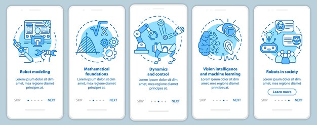 モバイルアプリページ画面ベクトルテンプレートをオンボーディングするロボット工学コース。ロボット工学を学ぶ。直線的なイラストを使用したウォークスルーWebサイトの手順。 UX、UI、GUIスマートフォンインターフェースの概念