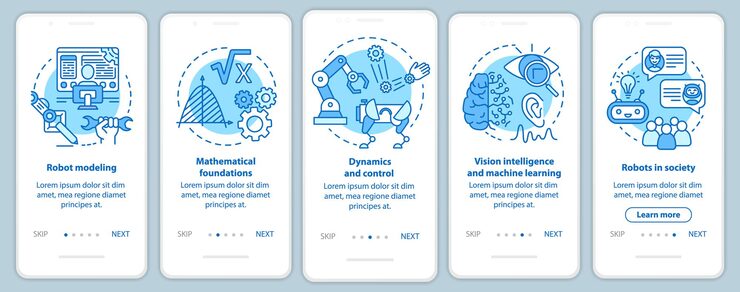 Vector robotics courses onboarding mobile app page screen vector template. study robot engineering. walkthrough website steps with linear illustrations. ux, ui, gui smartphone interface concept