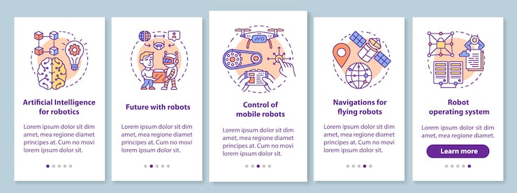 Vector robotics courses onboarding mobile app page screen with linear concepts. learning robot control walkthrough steps graphic instructions. ux, ui, gui vector template with illustrations