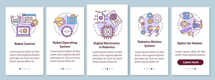 Vector robotics courses onboarding mobile app page screen with linear concepts. robots learning and development walkthrough steps graphic instructions. ux, ui, gui vector template with illustrations