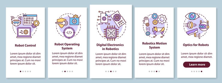 Vector robotics courses onboarding mobile app page screen with linear concepts. robots learning and development walkthrough steps graphic instructions. ux, ui, gui vector template with illustrations
