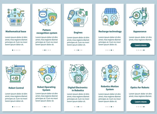 Курсы робототехники на экране страницы мобильного приложения с набором линейных концепций. графические инструкции по шагам пошаговой инструкции по робототехнике. ux, ui, векторный шаблон gui с иллюстрациями