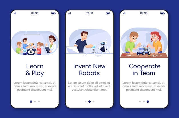 Robotics courses onboarding mobile app screen vector template Kids and adults in science club Walkthrough website steps with flat characters UX UI GUI smartphone cartoon interface concept