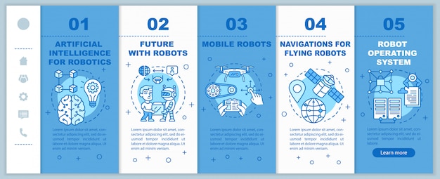 Modello di pagine web mobili onboarding corsi di robotica. automazione. idea dell'interfaccia del sito web dello smartphone reattivo con illustrazioni lineari. schermate della procedura dettagliata della pagina web. concetto di colore