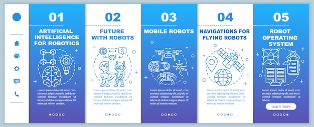 Robotics courses onboarding mobile web pages template. cybernetics. responsive smartphone website interface idea with linear illustrations. webpage walkthrough step screens. color concept