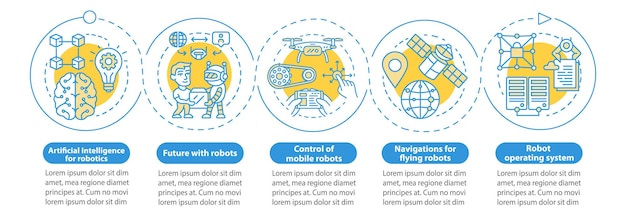 로봇 공학 과정 벡터 infographic 템플릿입니다. 비즈니스 프레젠테이션 디자인 요소입니다. 5단계 및 옵션이 있는 데이터 시각화. 프로세스 타임라인 차트. 선형 아이콘이 있는 워크플로 레이아웃