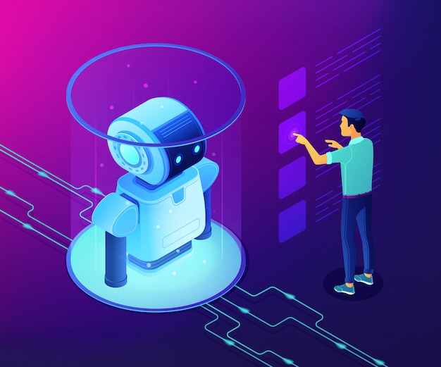 Illustrazione isometrica di concetto di analisi dei dati di robotica.