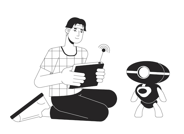 ロボット エンジニア bw コンセプト ベクトル スポット イラスト ワイヤレス コンソール テスト ロボットを持つ男 2D 漫画フラット ライン web UI デザインの単色文字編集可能な分離アウトライン ヒーロー イメージ