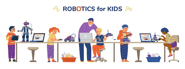 Robotics for kids children with teacher engineering and programming robots