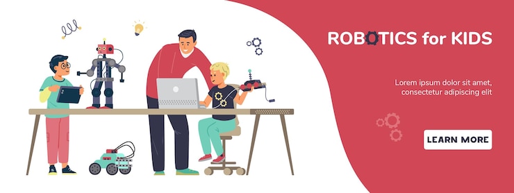 Vector robotics for kids horizontal vector banner. boys with teacher engineering and programming robots.