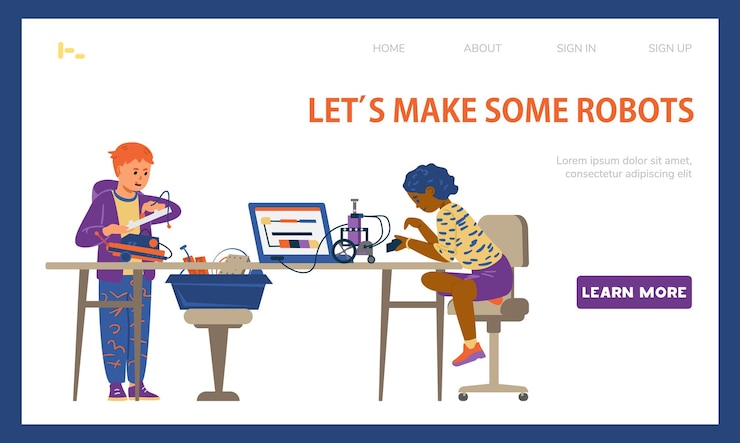 Vector robotics for kids vector landing page template. boy and girl creating and programming robots.