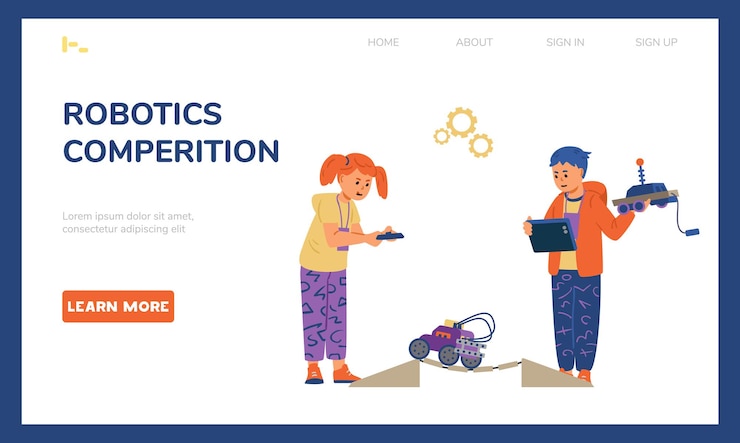 Vector robotics for kids vector landing page template. kids taking part on robotics competition.