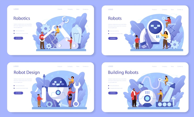 Vector robotics school subject web banner or landing page set. robot engineering and programming. idea of artificial intelligence and futuristic technology.