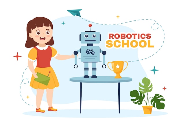 Robotics School Vector Illustration with Kids Robotic Project to Programming and Engineering Robot