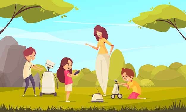 Robotics toys for kids with children playing in nature under supervision of an adult woman