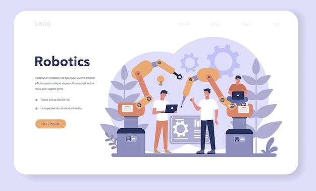 Robotics web landing page. robot engineering and programming. idea of artificial intelligence and futuristic technology. machine automation. isolated vector illustration in cartoon style