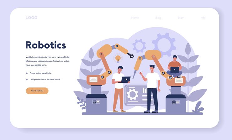 Vector 로보틱스 웹 랜딩 페이지. 로봇 공학 및 프로그래밍. 인공 지능과 미래 기술에 대한 아이디어. 기계 자동화. 만화 스타일에 고립 된 벡터 일러스트 레이 션