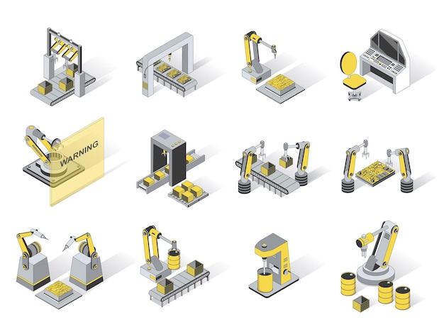 Набор 3d изометрических иконок для роботизации промышленности пакет элементов производственных конвейерных линий в промышленности