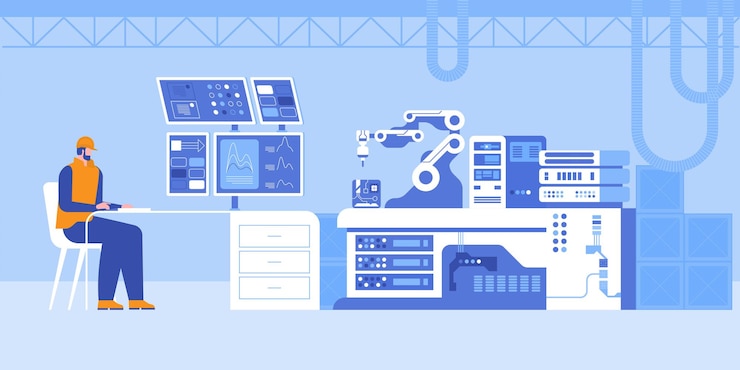 Vector robotized production line at plant flat illustration