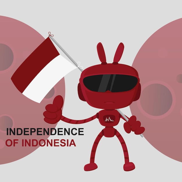 Robotkarakterontwerp die Indonesische vlag met een rode planeetachtergrond houden. Republiek Indonesië.