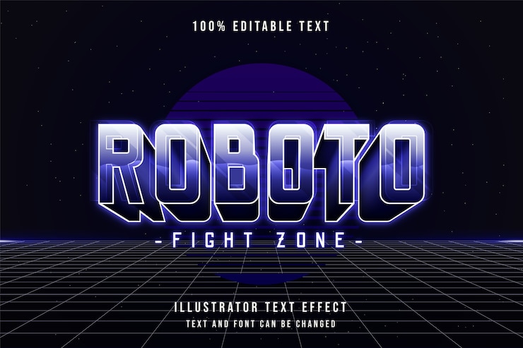 Vector roboto fight zone,3d editable text effect purple gradation 80s neon shadow text style