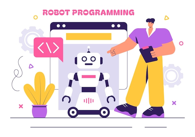 Robotprogrammering Vector Illustratie met een kunstmatige intelligentie robot die interageert met een digitale gegevensinterface voor geavanceerde technologie