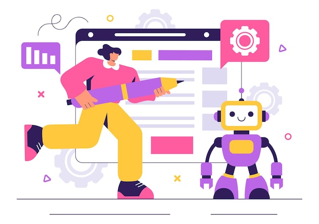 Robotprogrammering Vector Illustratie met een kunstmatige intelligentie robot die interageert met een digitale gegevensinterface voor geavanceerde technologie