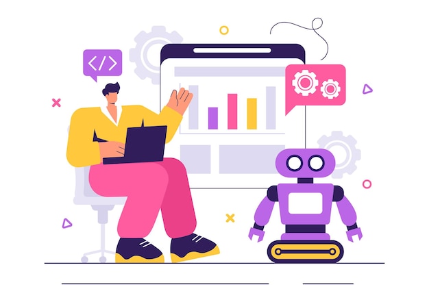 Robotprogrammering Vector Illustratie met een kunstmatige intelligentie robot die interageert met een digitale gegevensinterface voor geavanceerde technologie