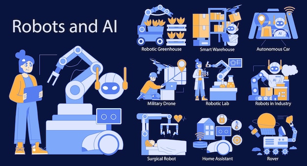 Vector robots and ai concept automation shaping the future of logistics healthcare military and domestic