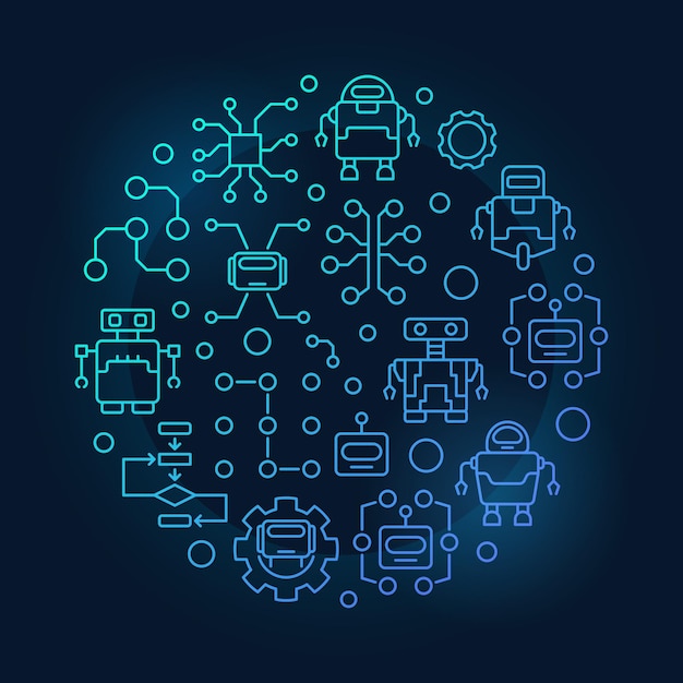 ロボットと AI の丸い青いイラスト 人工知能で作られたベクトル円形バナー