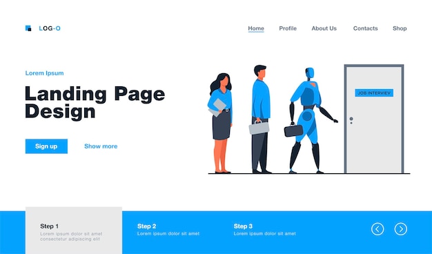 フラットスタイルの就職の面接のランディングページを待っているロボットと人間の候補者