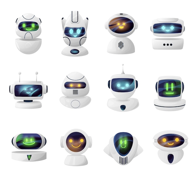 Vector robots androids heads with faces on screen vector