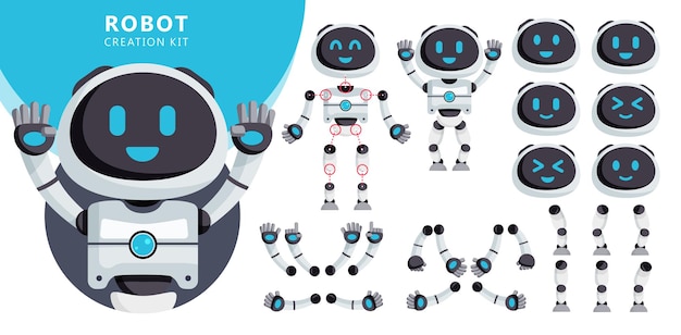 ロボット キャラクター クリエーター キット ベクター セット。腕のポーズとジェスチャーを持つロボットの編集可能なキャラクター。