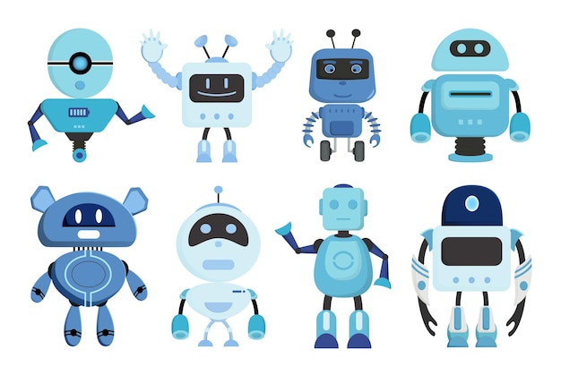 Progettazione del set di vettore di caratteri robot. personaggi dei cartoni animati robotici in piedi su sfondo bianco.