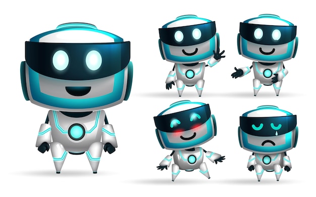 Robots character vector set Robotic 3d characters collection with waving blushing and crying