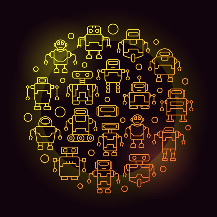 Vector robots circular yellow outline illustration vector round symbol made with robot symbols