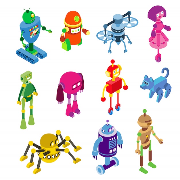 Robots collection on robotic characters illustration isolated on white. robotized toys in isometric machine style