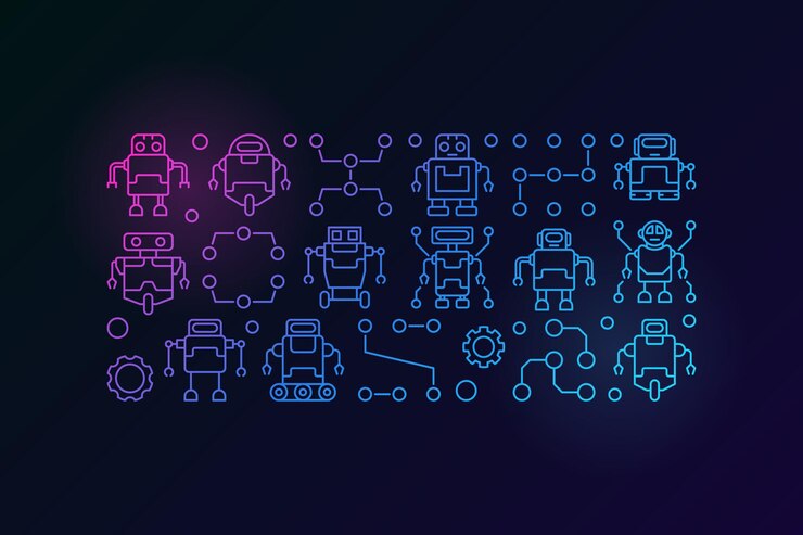 Vector robots colorful illustration vector horizontal banner made with outline robot signs