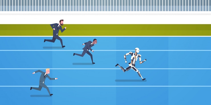 Vector robots competition with human employees running concept of artificial intelligence and future automa