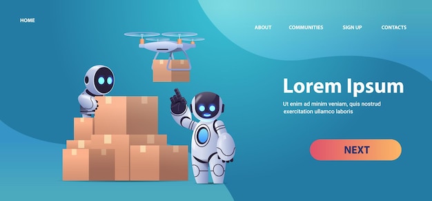 robots couriers near cardboard boxes air mail drone fast delivery service technological shipment artificial intelligence 